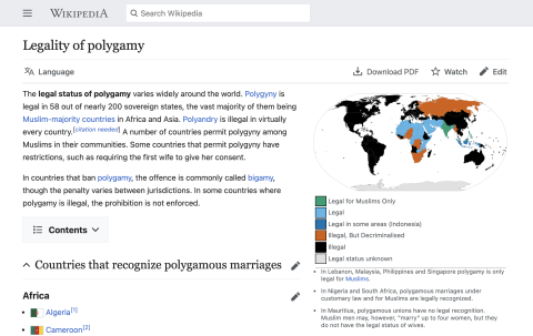 Wikipedia page: Legality of polygamy