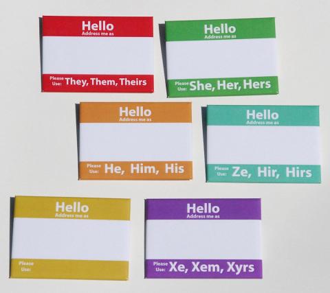 Name tags with pronouns specified