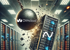AI-generated illustration: a wrecking ball with OVHcloud logo smashing a server with my blog's logo