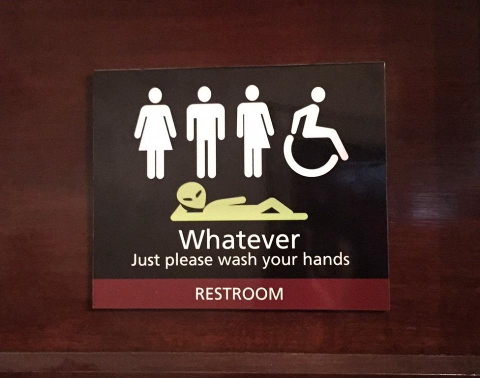 Restroom sign: Whatever, just wash your hands