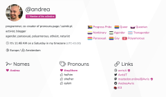 Screenshot of @andrea card on pronouns.page. The timezone section says: 